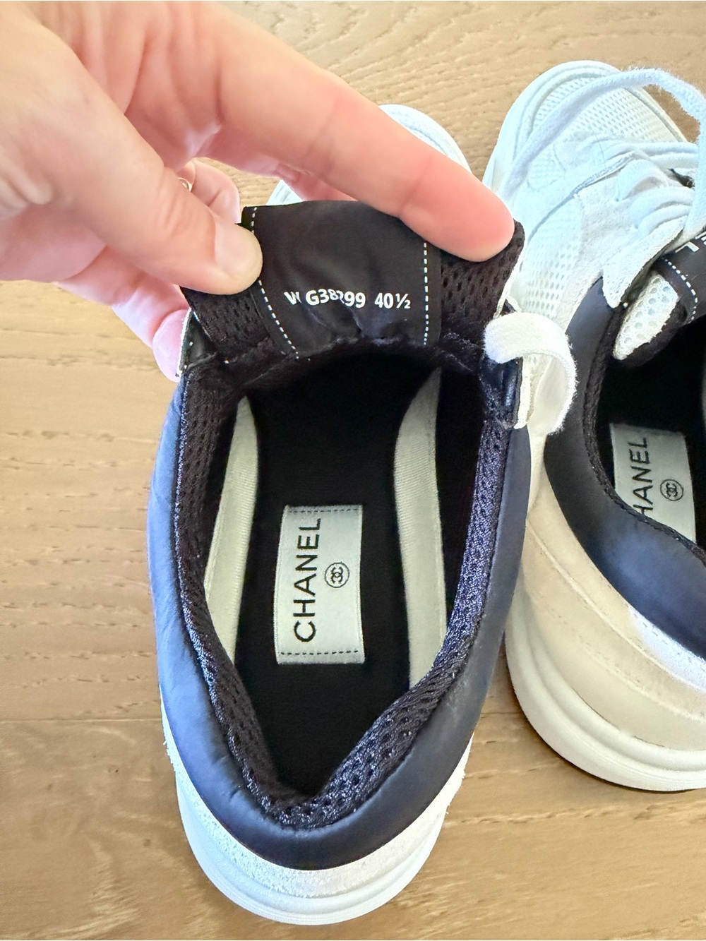 CHANEL White and Black CC Logo Mesh & Leather Sneakers - Picture 7 of 11
